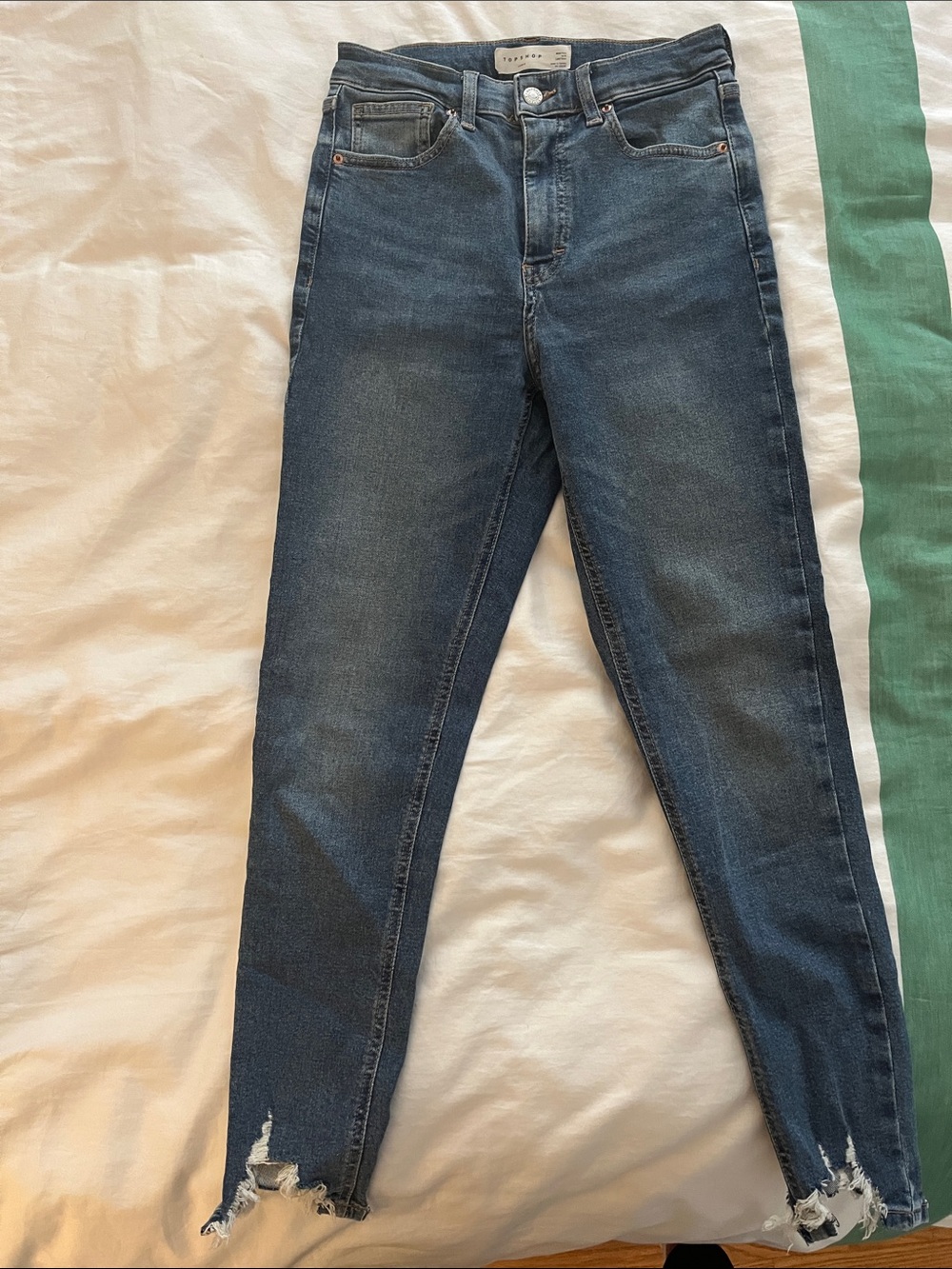 Topshop Dark Blue High-Rise Skinny Jeans with Distressed Hem